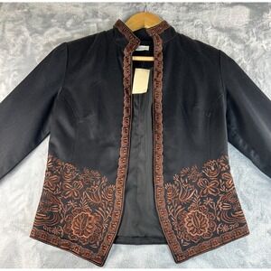 Coldwater Creek NWT Petite 4 Black Embroidered Floral Jacket Open Front Artwear